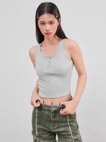 Solid Rib Button Up Tank Crop Top