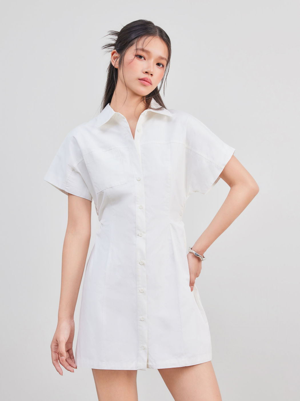 Collar Solid Ruched Short Sleeve Mini Shirt Dress