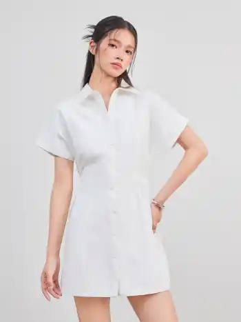 Collar Solid Ruched Short Sleeve Mini Shirt Dress