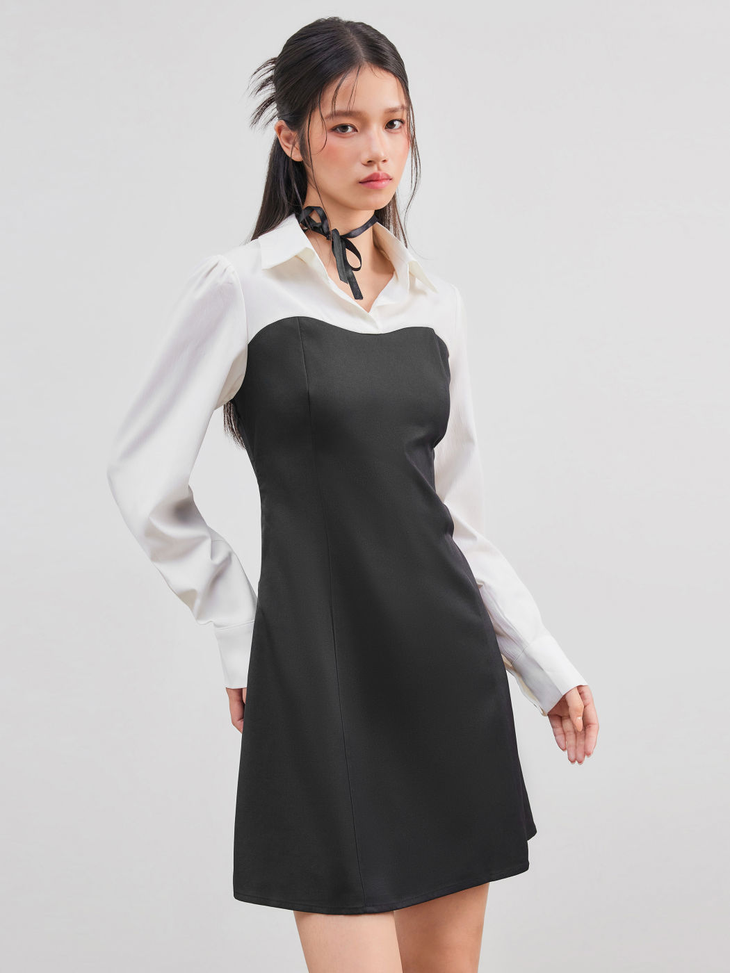 Collar Solid Patchy Mini Shirt Dress