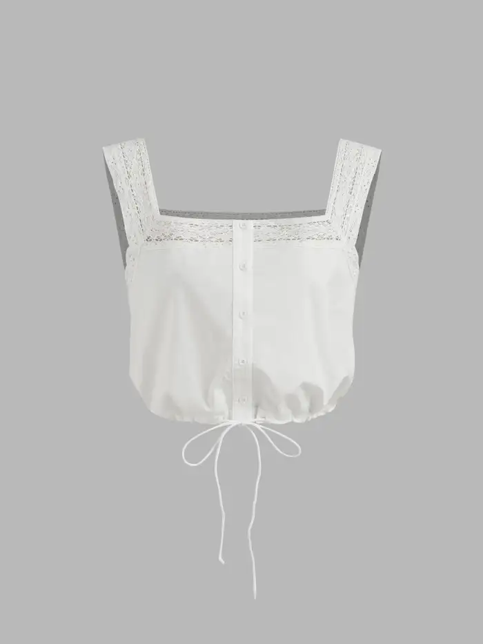 Woven 100% Cotton Square Neck Solid Lace Trim Drawstring Crop Tank