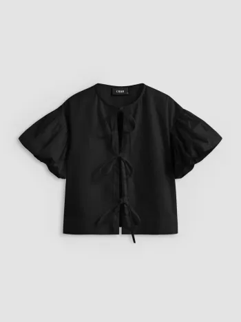 100% Cotton Round Neck Solid Knotted Bubble Sleeve Shirt