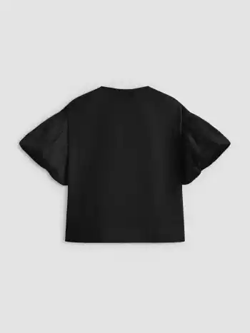 100% Cotton Round Neck Solid Knotted Bubble Sleeve Shirt