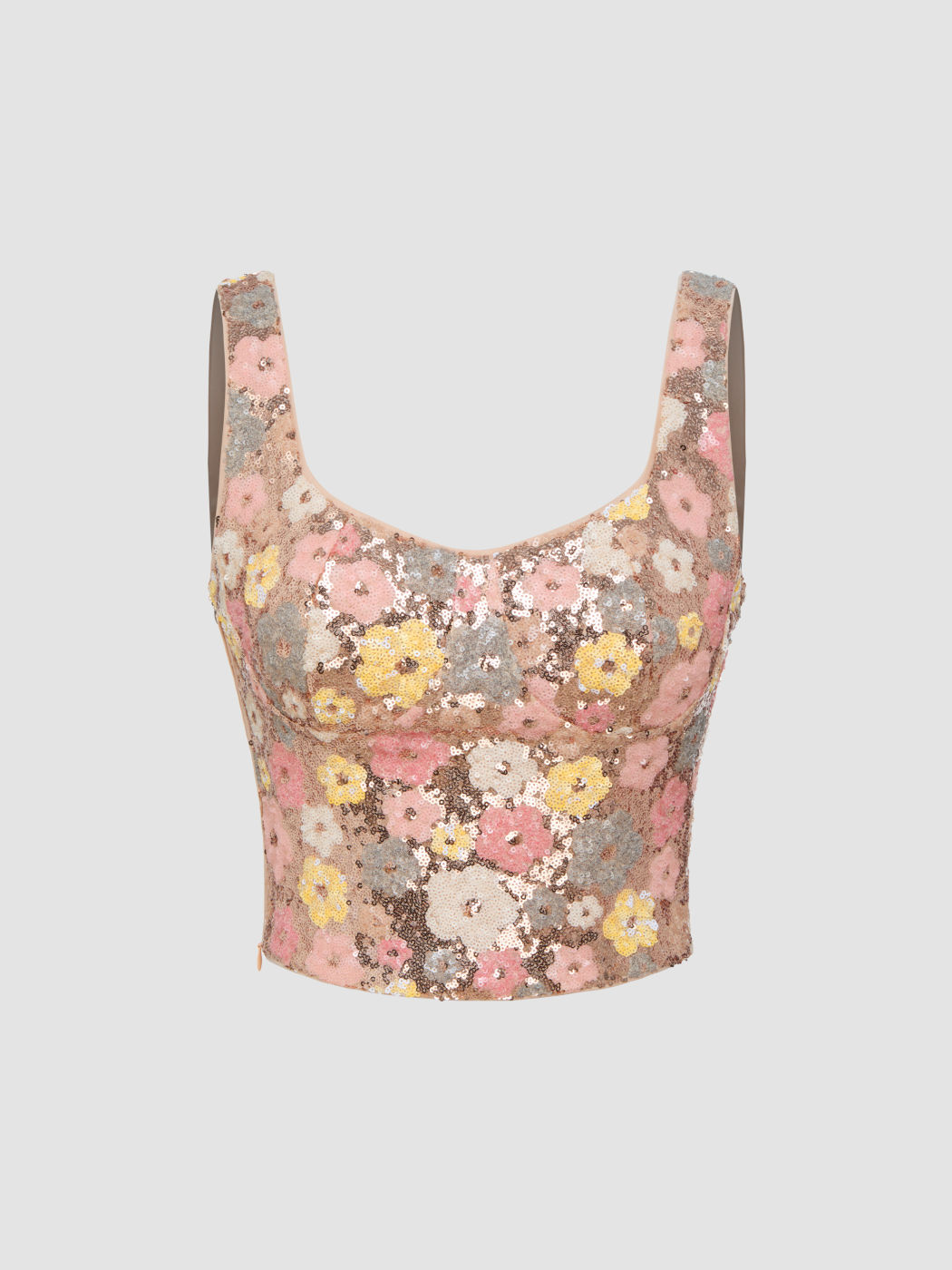 Sequin Scoop Neckline Floral Zipper Crop Cami Top