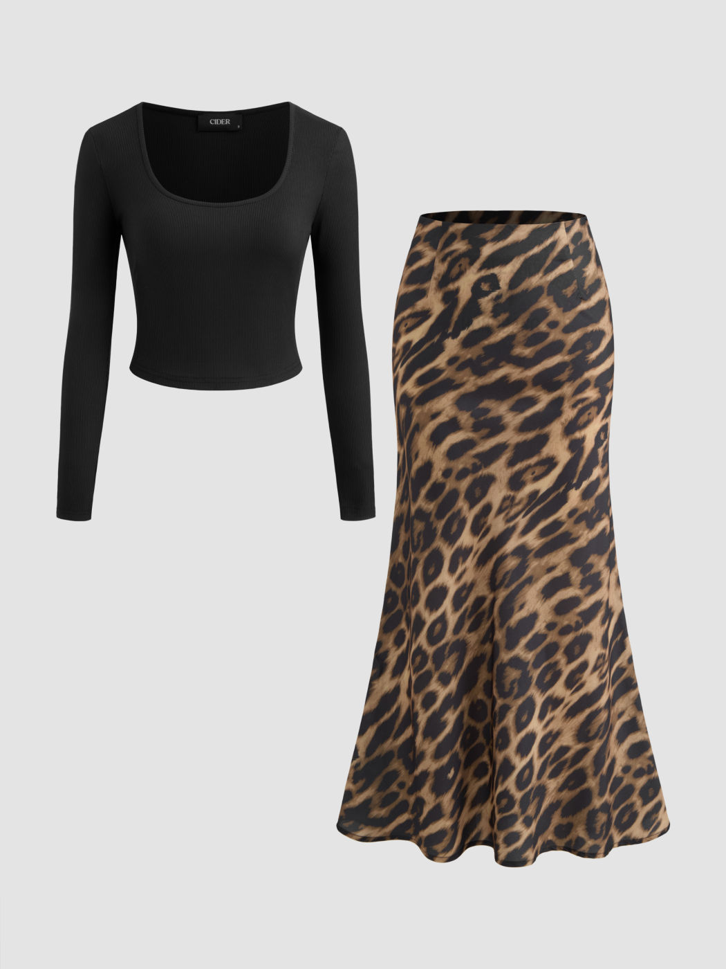 Scoop Neckline Solid Long Sleeve Crop Top & Mid Rise Leopard Ruffle Maxi Skirt Set