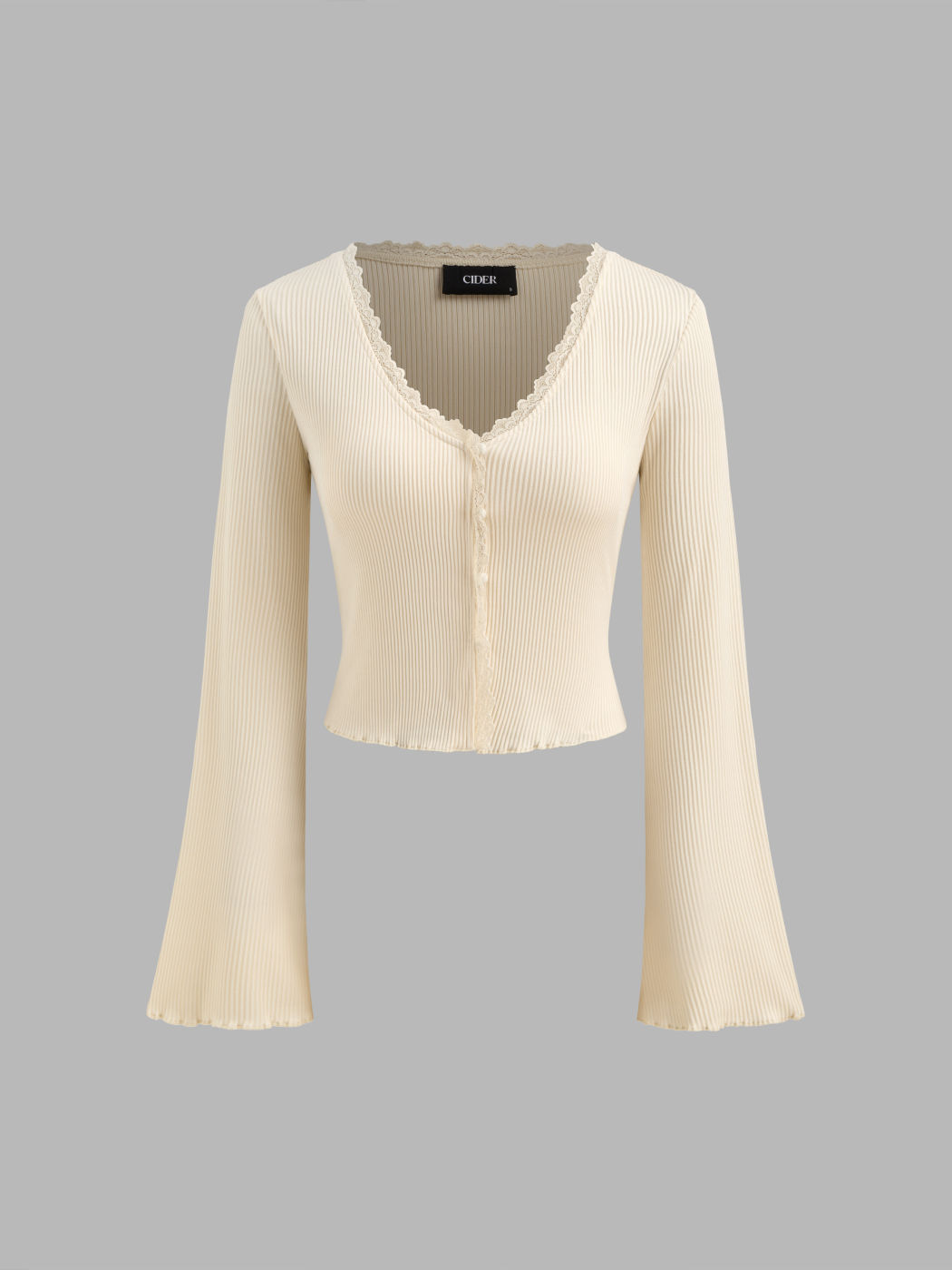 V-neck Solid Lace Lettuce Trim Long Sleeve Crop Top
