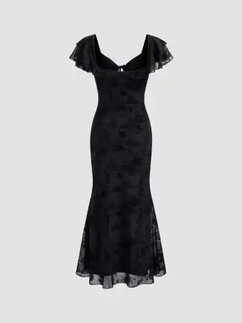 Mesh Sweetheart Neckline Floral Ruffle Knotted Maxi Dress