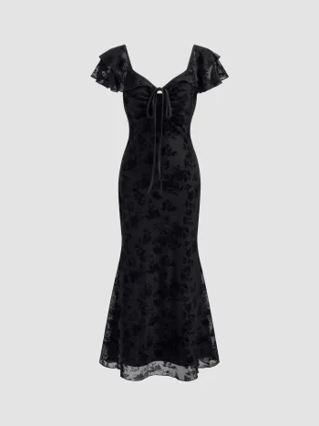 Mesh Sweetheart Neckline Floral Ruffle Knotted Maxi Dress