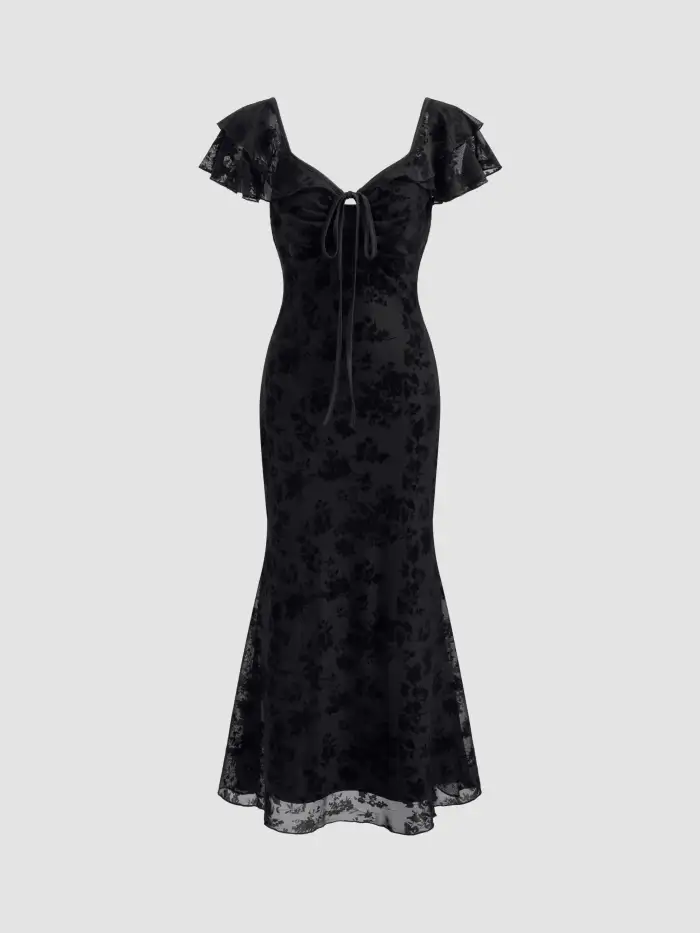 V Neck White Mesh Black Satin Ruffled Dress