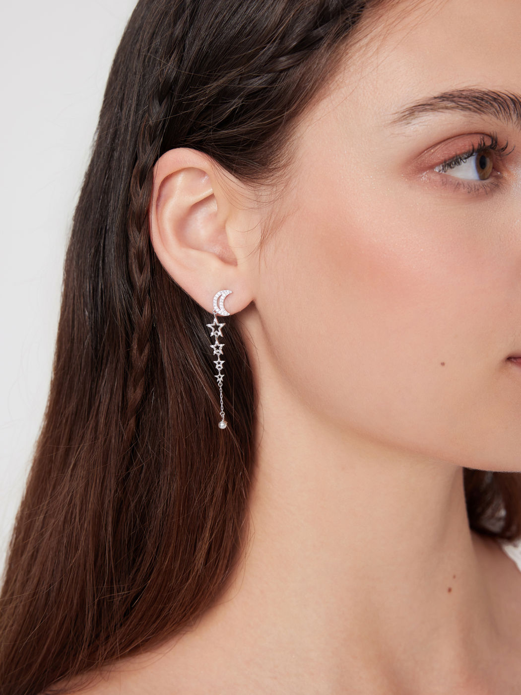 STERLING SILVER RHINESTONE DECOR MOON & STAR FAUX PEARL DROP EARRINGS