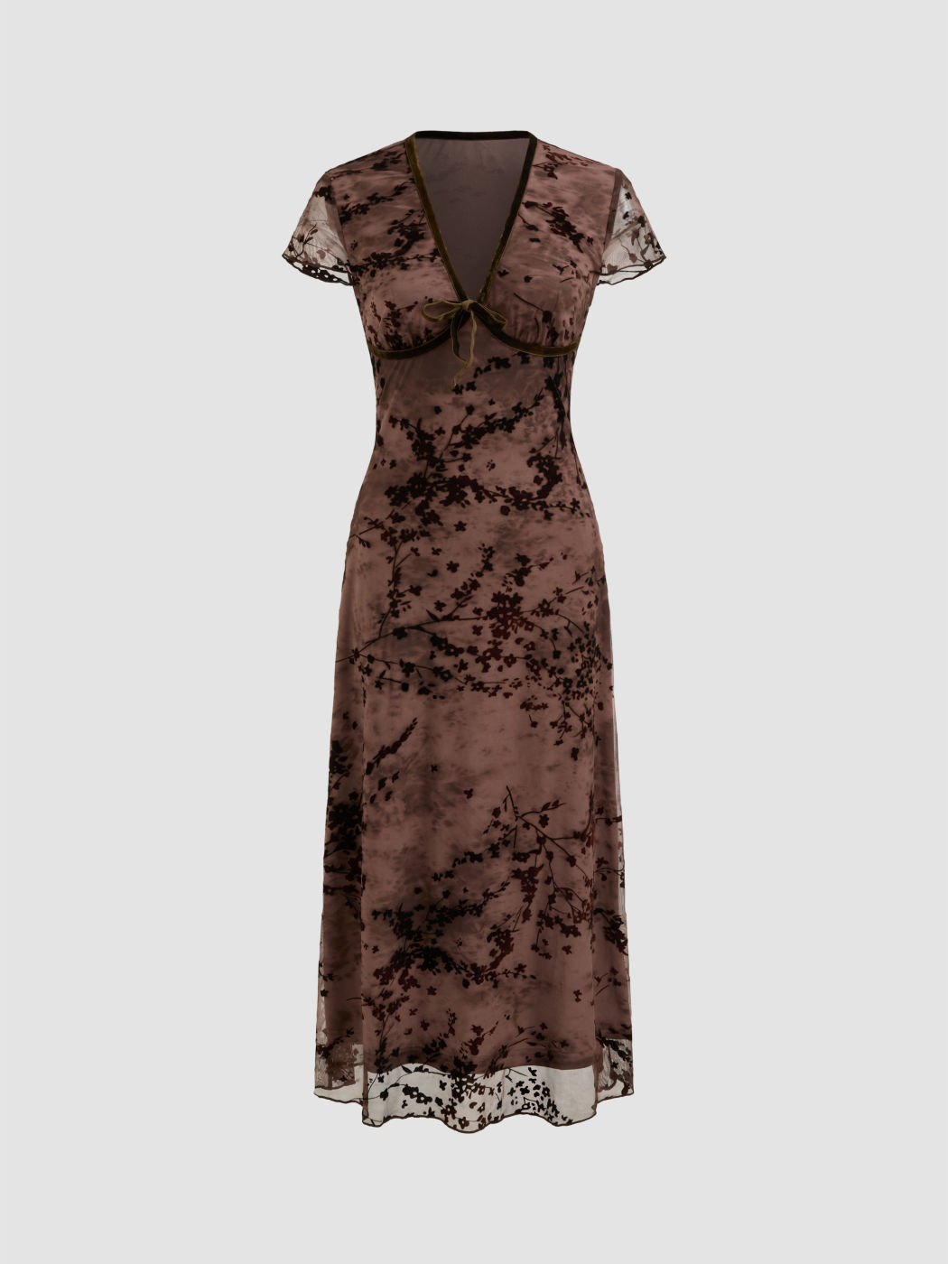 Mesh V-neck Floral Ruffle Knotted Midi Dress