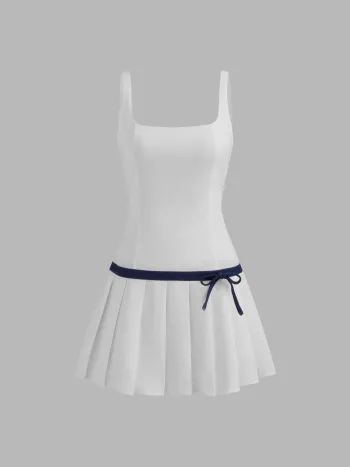Square Neck Solid Bowknot Pleated Mini Dress