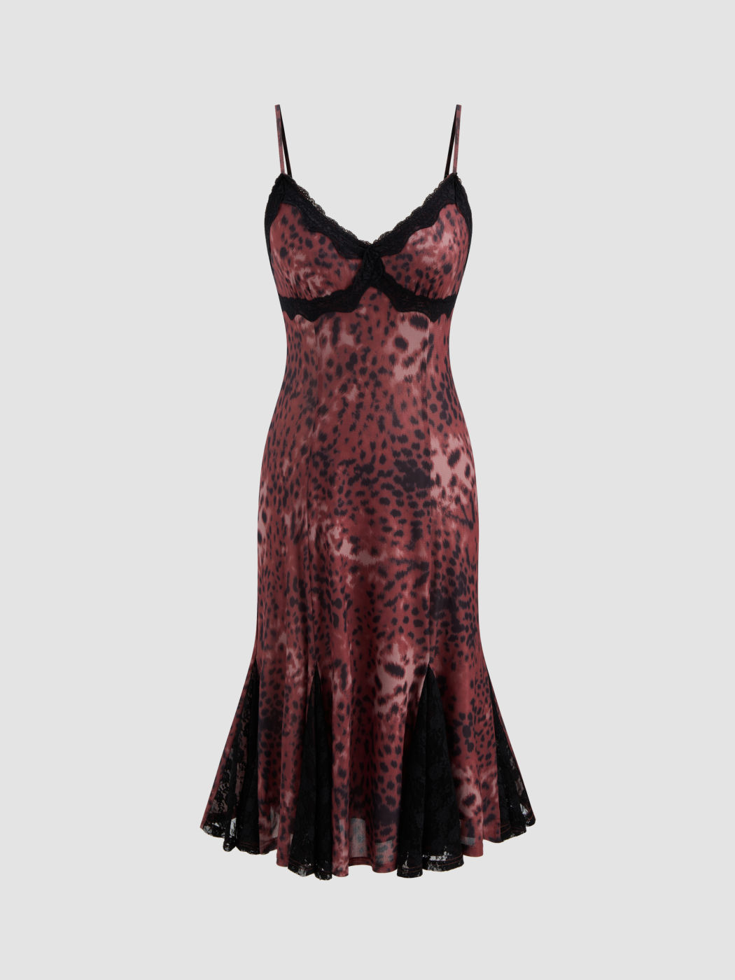 Vestito midi con scollo a V in rete e finiture in pizzo leopardato