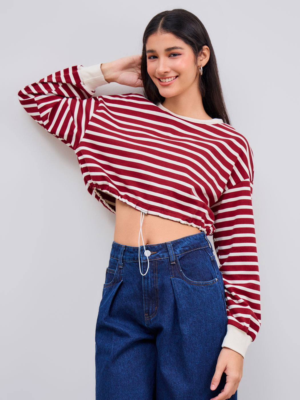 Cotton-blend Round Neckline Striped Drawstring Long Sleeve Crop Tee