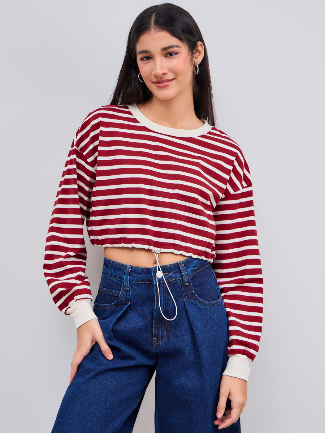 Cotton-blend Round Neckline Striped Drawstring Long Sleeve Crop Tee