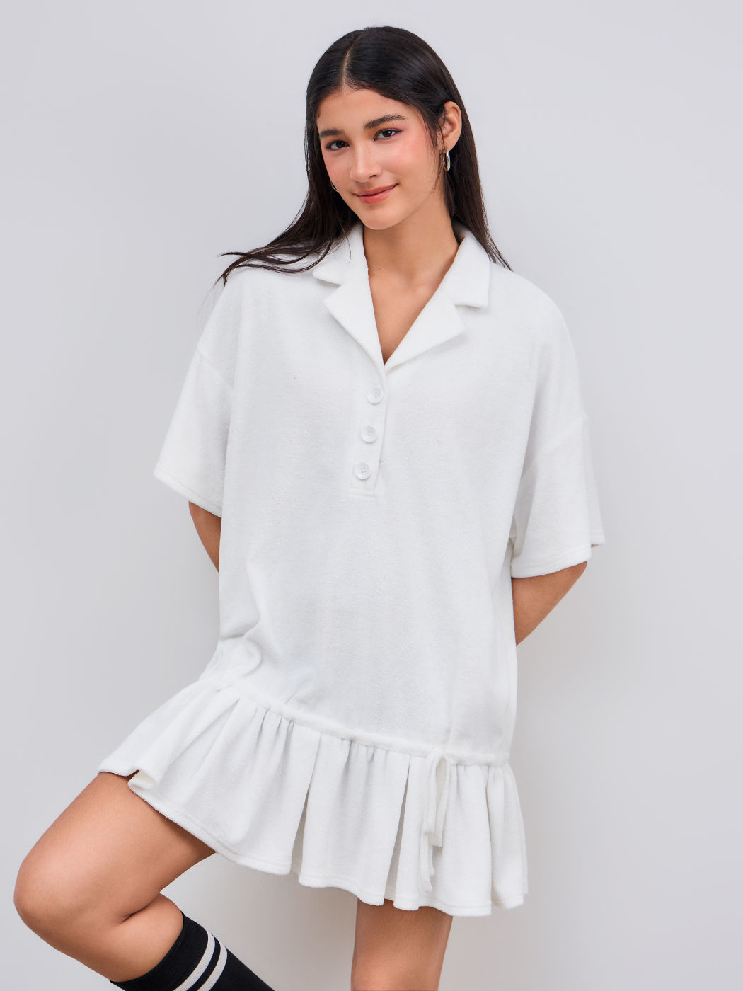 Terry Polo Solid Drawstring Ruffle Mini Dress