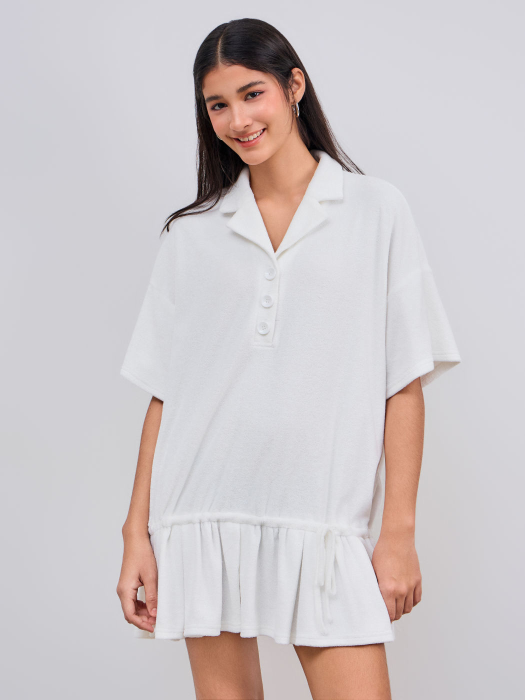 Terry Polo Solid Drawstring Ruffle Mini Dress