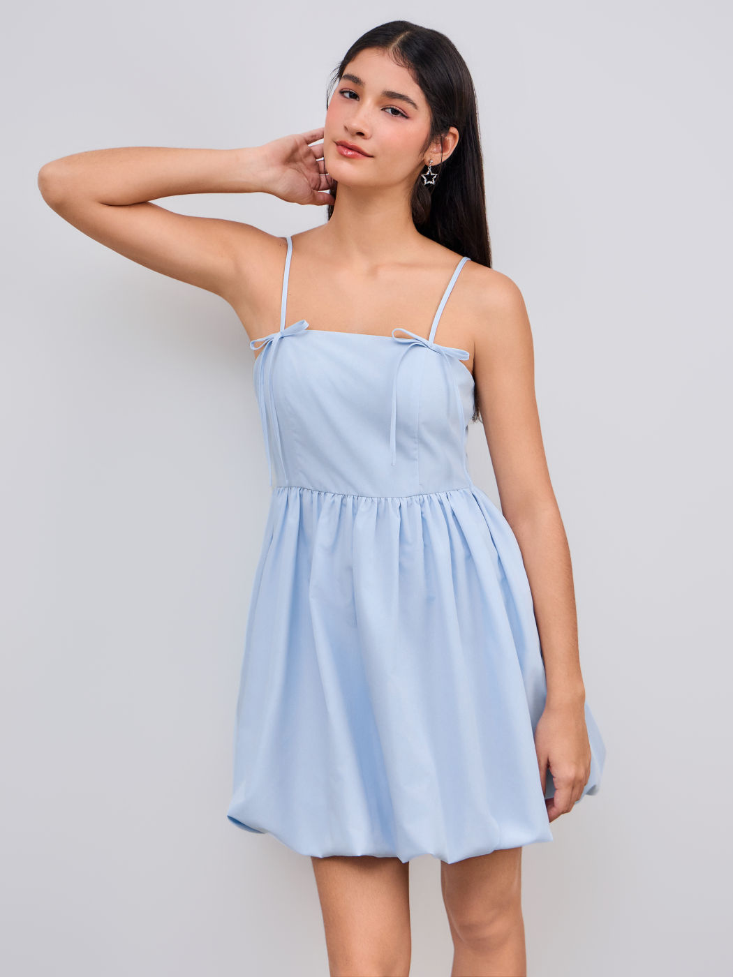 Cotton-blend Square Neck Solid Bubble Hem Knotted Mini Dress