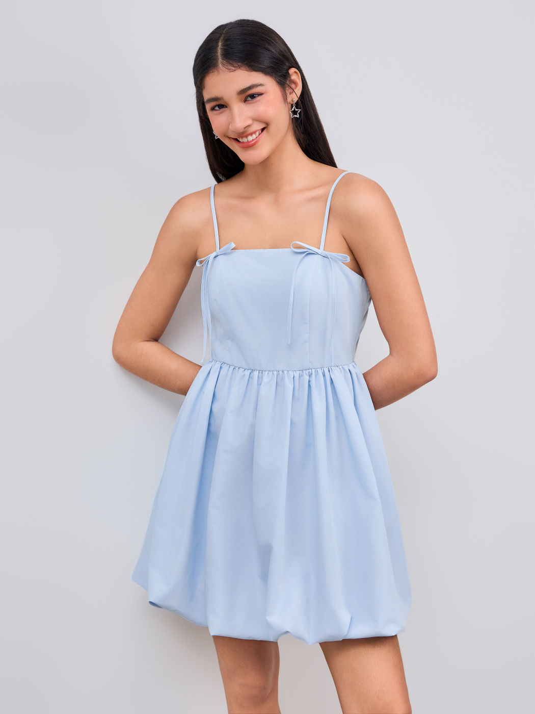 Cotton-blend Square Neck Solid Bubble Hem Knotted Mini Dress