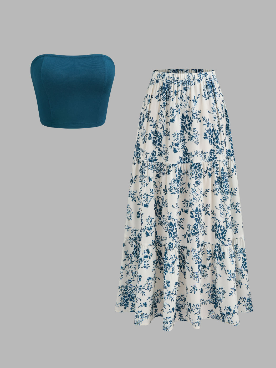 Einfarbiges Crop Tube-Top & Mittelhohes florales Maxi-Rüffelskirt-Set