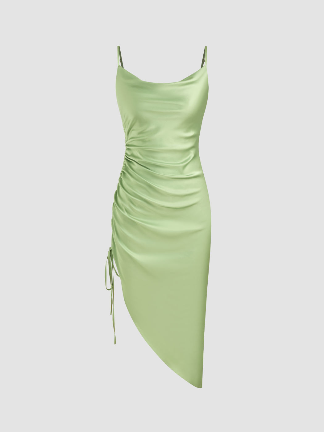 Satin Cowl Neck Solid Drawstring Ruched Midi Dress