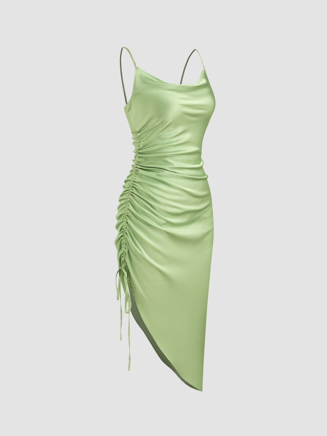 Satin Cowl Neck Solid Drawstring Ruched Midi Dress