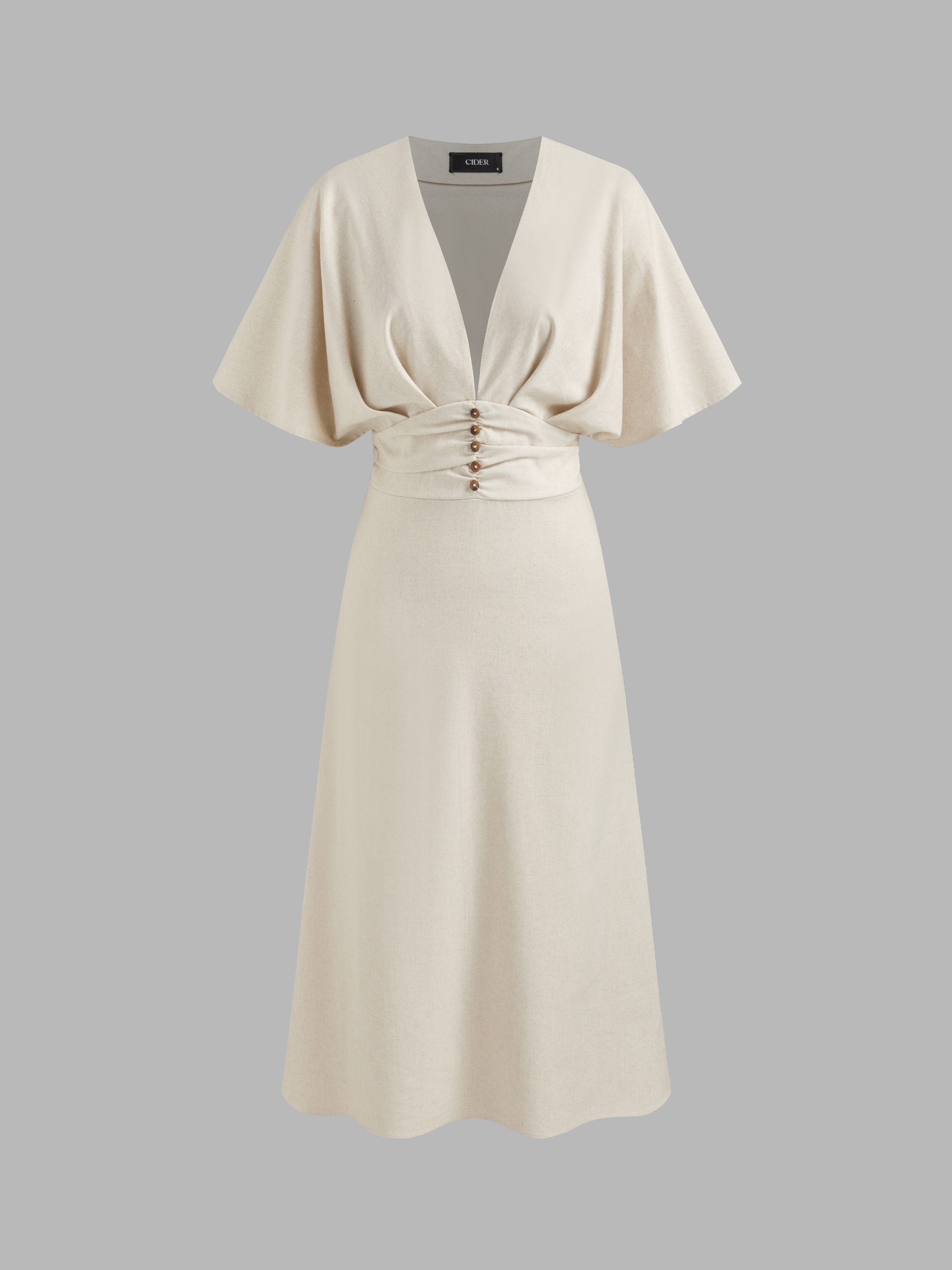 Linen-blend Linen-blend V-neck Solid Ruffle Ruched Midi