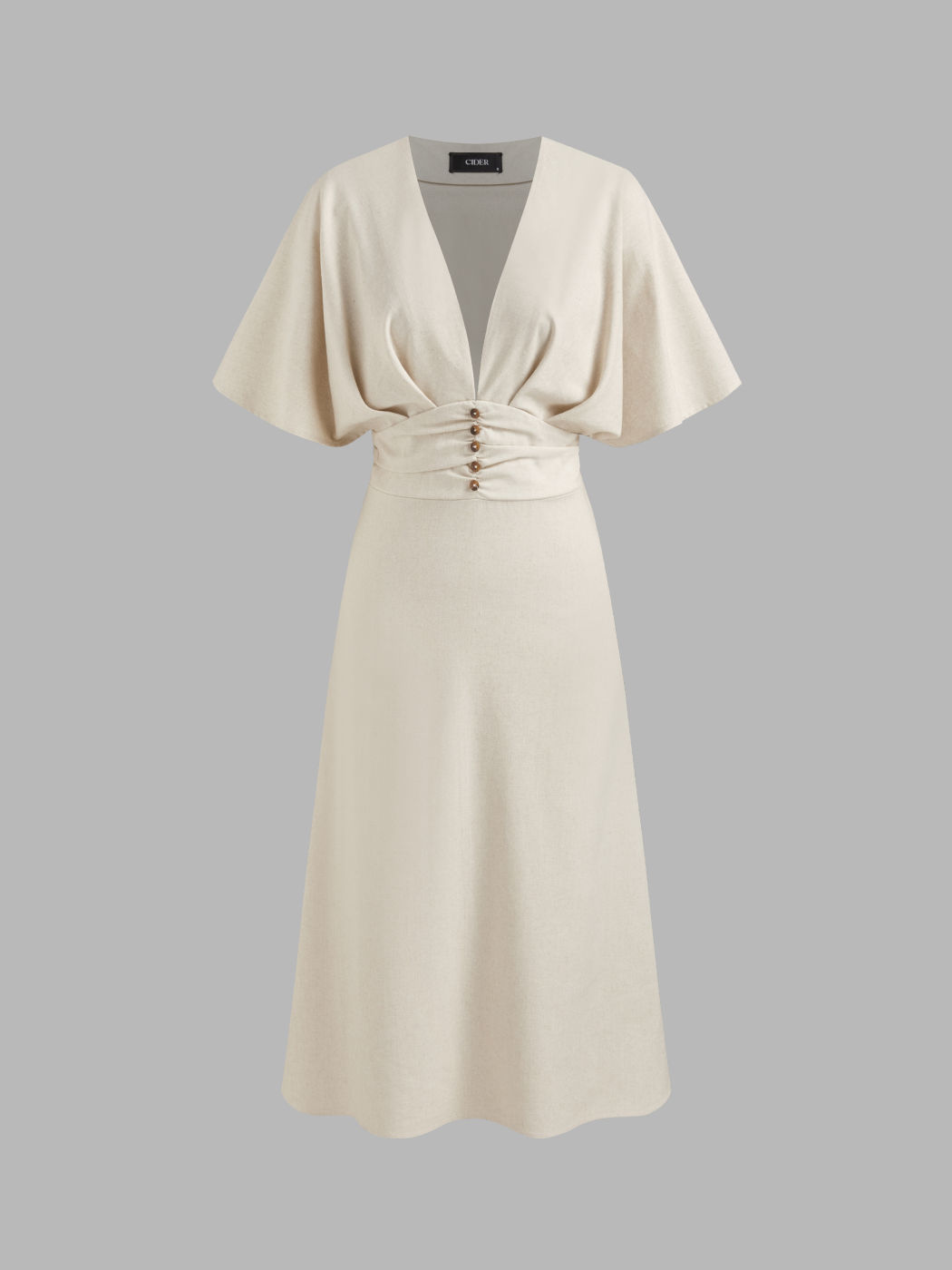 Linen-blend V-neck Solid Ruffle Ruched Midi Dress