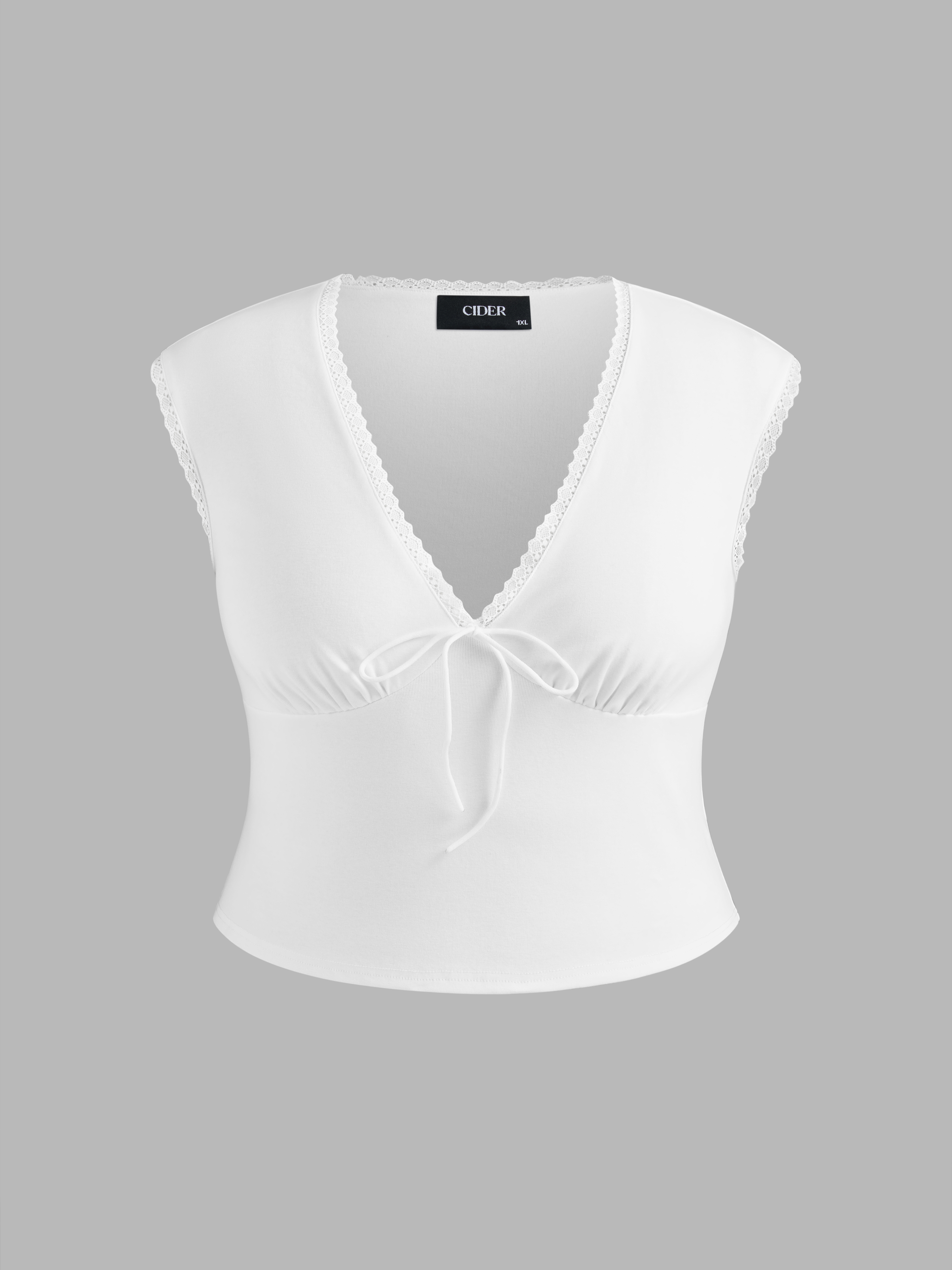 Jersey Cotton-blend V-neck Solid Bowknot Lace Trim Short Sleeve Tee ...