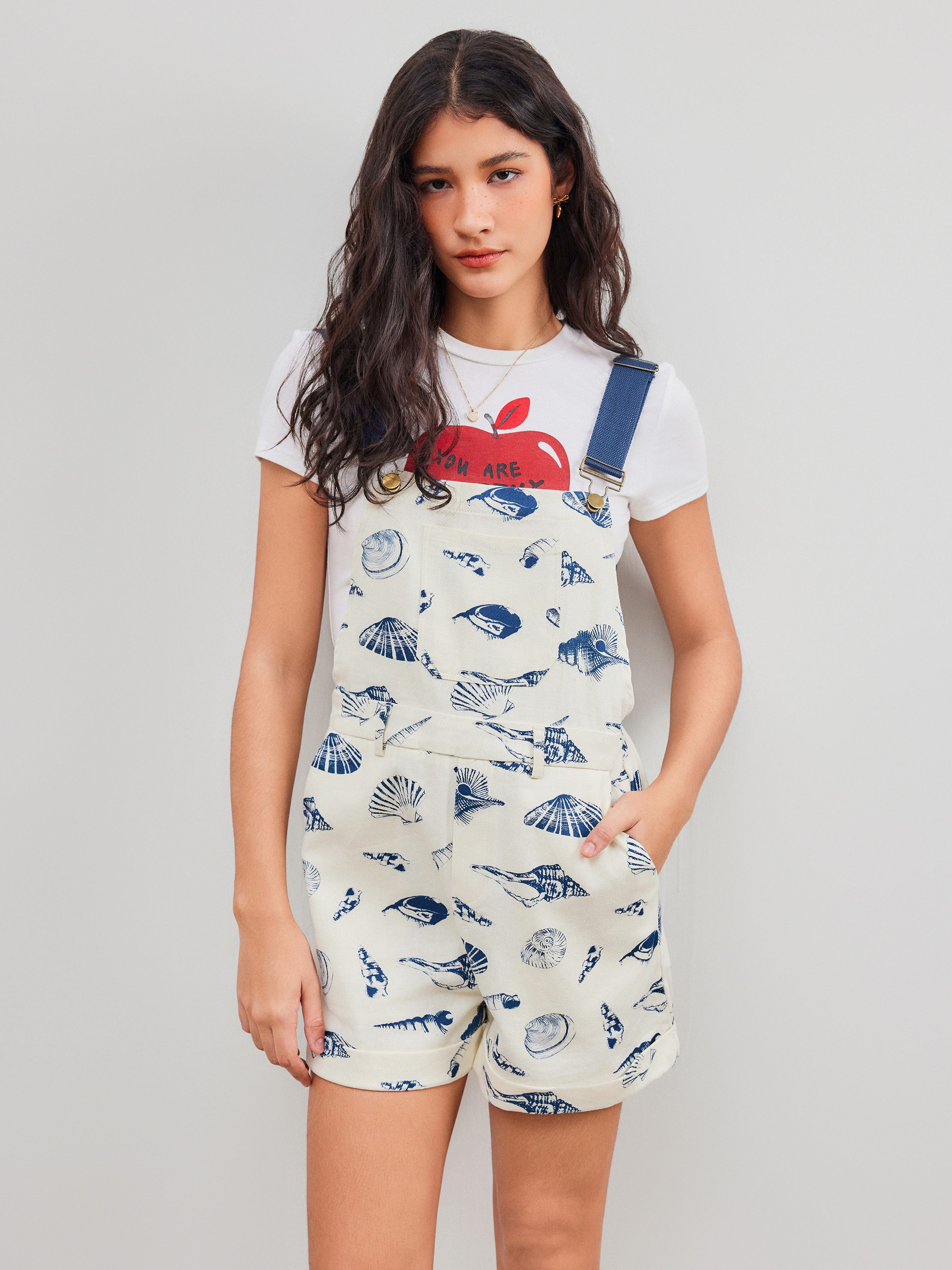 Woven Square Neck Shell Graphic Pocket Romper For School