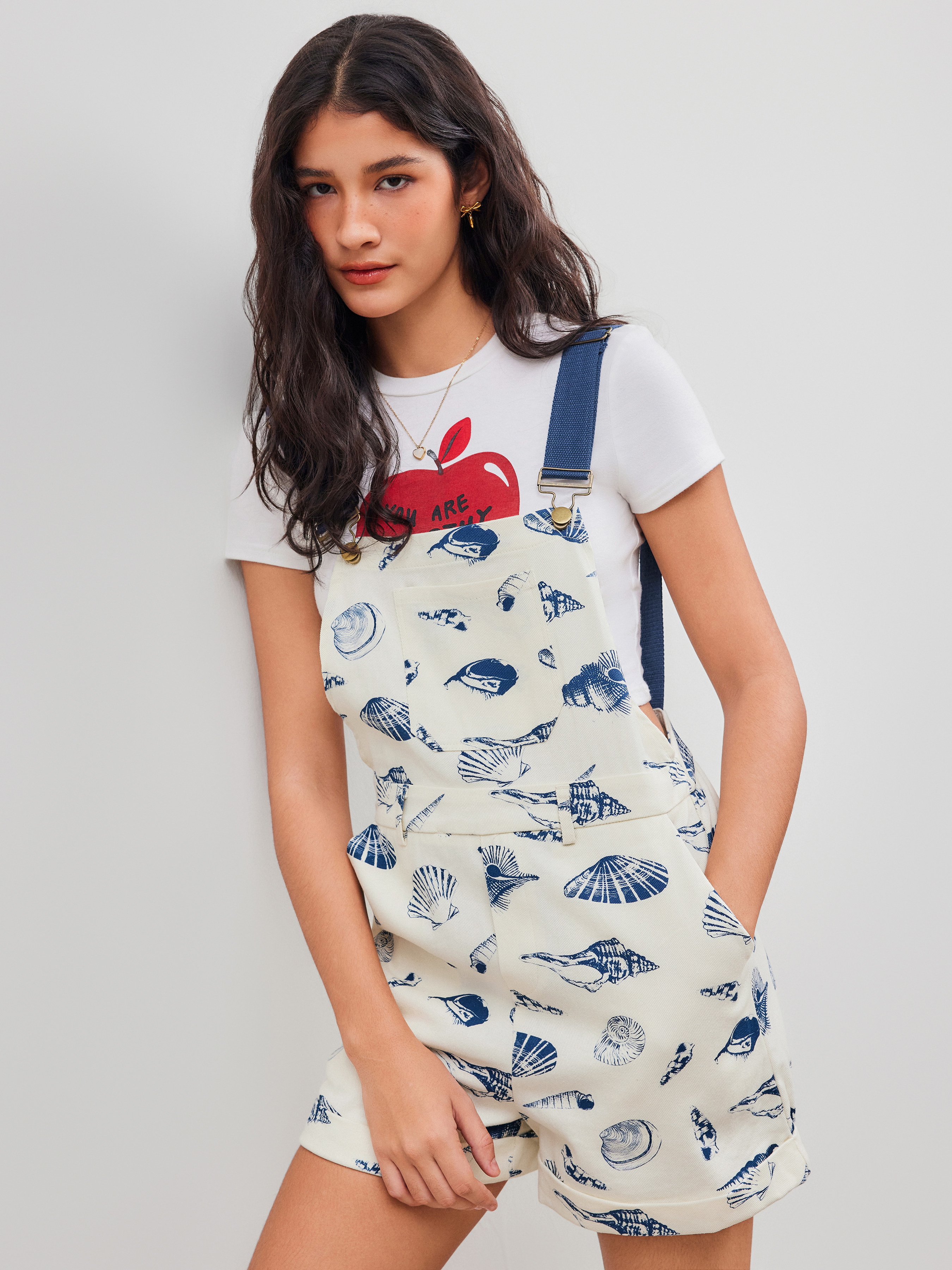 Woven Square Neck Shell Graphic Pocket Romper For School