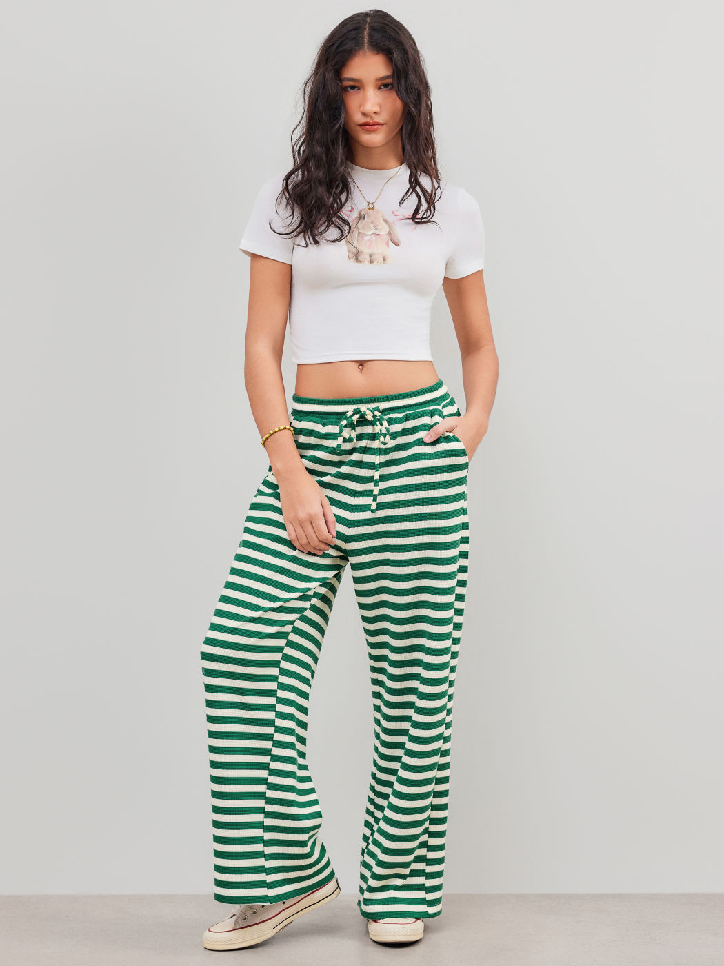 Mid Rise Striped Knotted Wide Leg Trousers