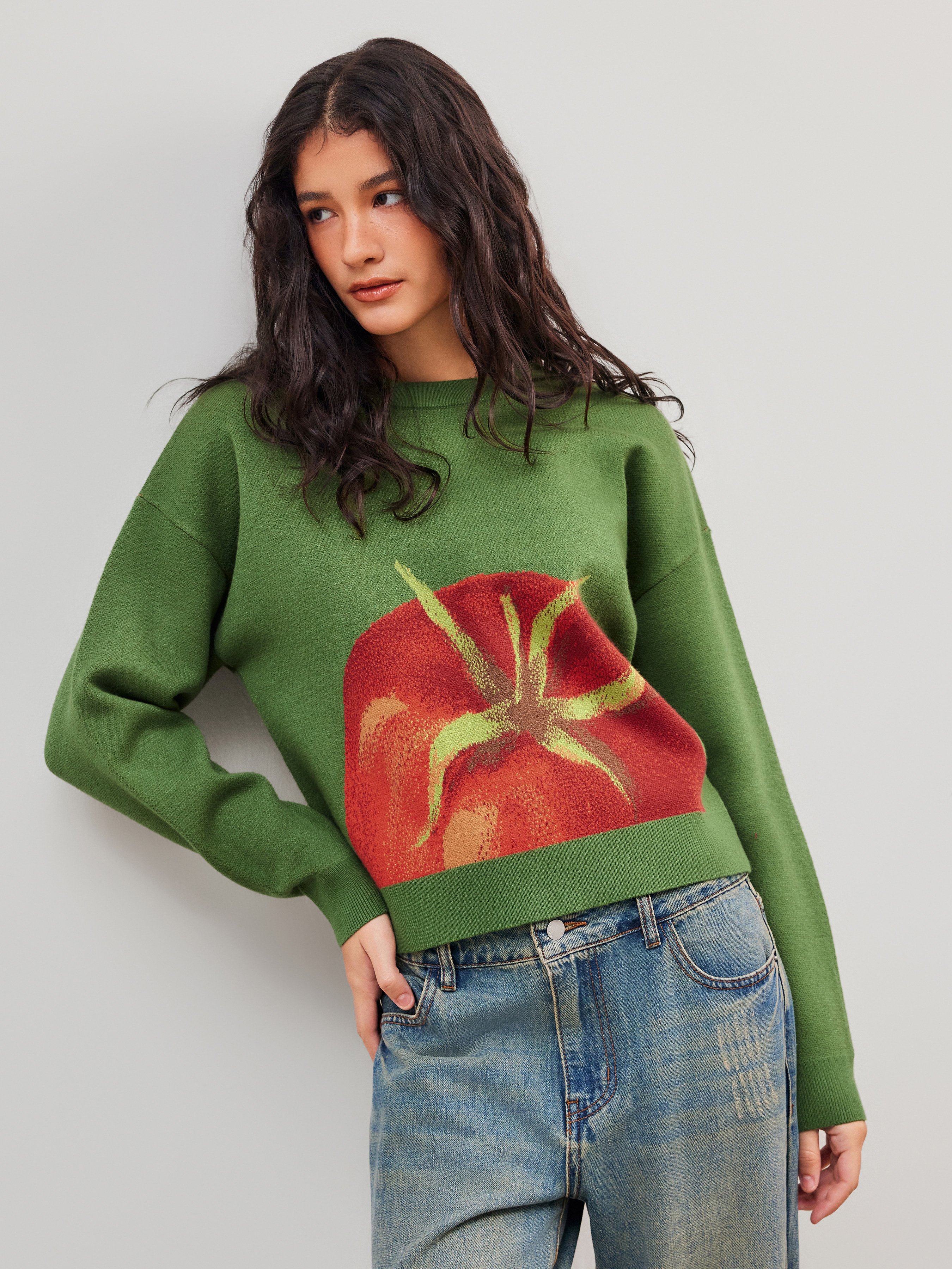 Knit Fabric Knit Round Neckline Tomato Graphic Oversized