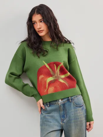 Maglione oversize in maglia con scollo rotondo e grafica a pomodoro
