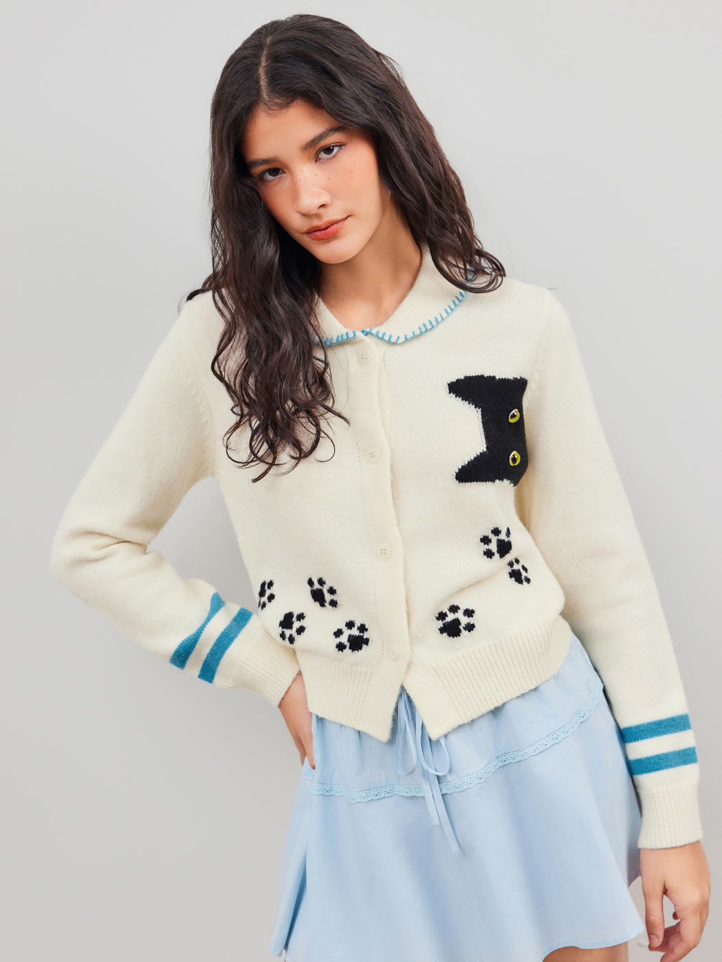 Knit Collar Cat Button Cardigan