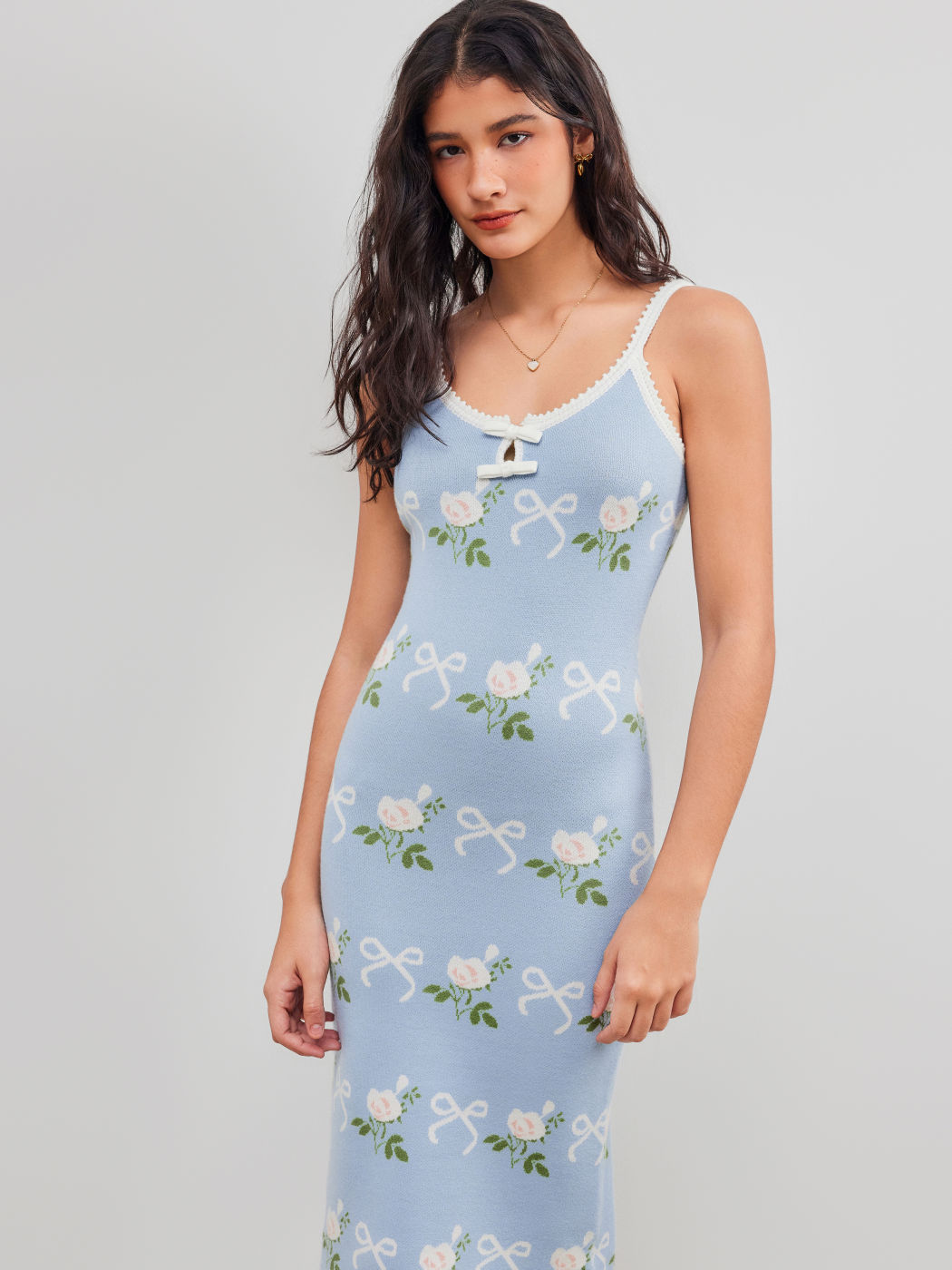 Knit Round Neckline Bowknot Floral Contrasting Binding Midi Dress