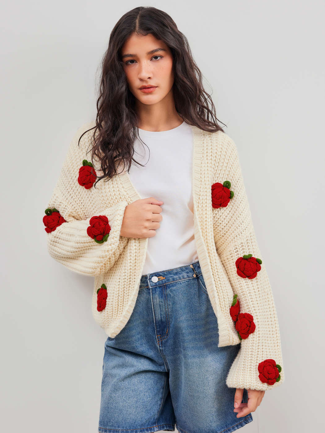 Knit Fabric Knit V-neck Rosette Oversized Cardigan For Daily Casual