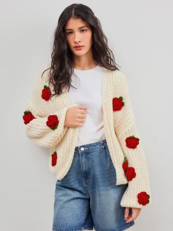 Knit V-neck Rosette Oversized Cardigan