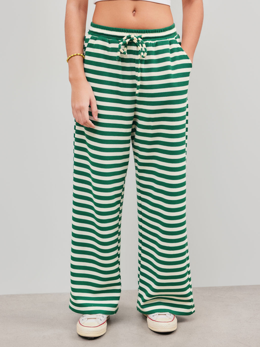Mid Rise Striped Knotted Wide Leg Trousers
