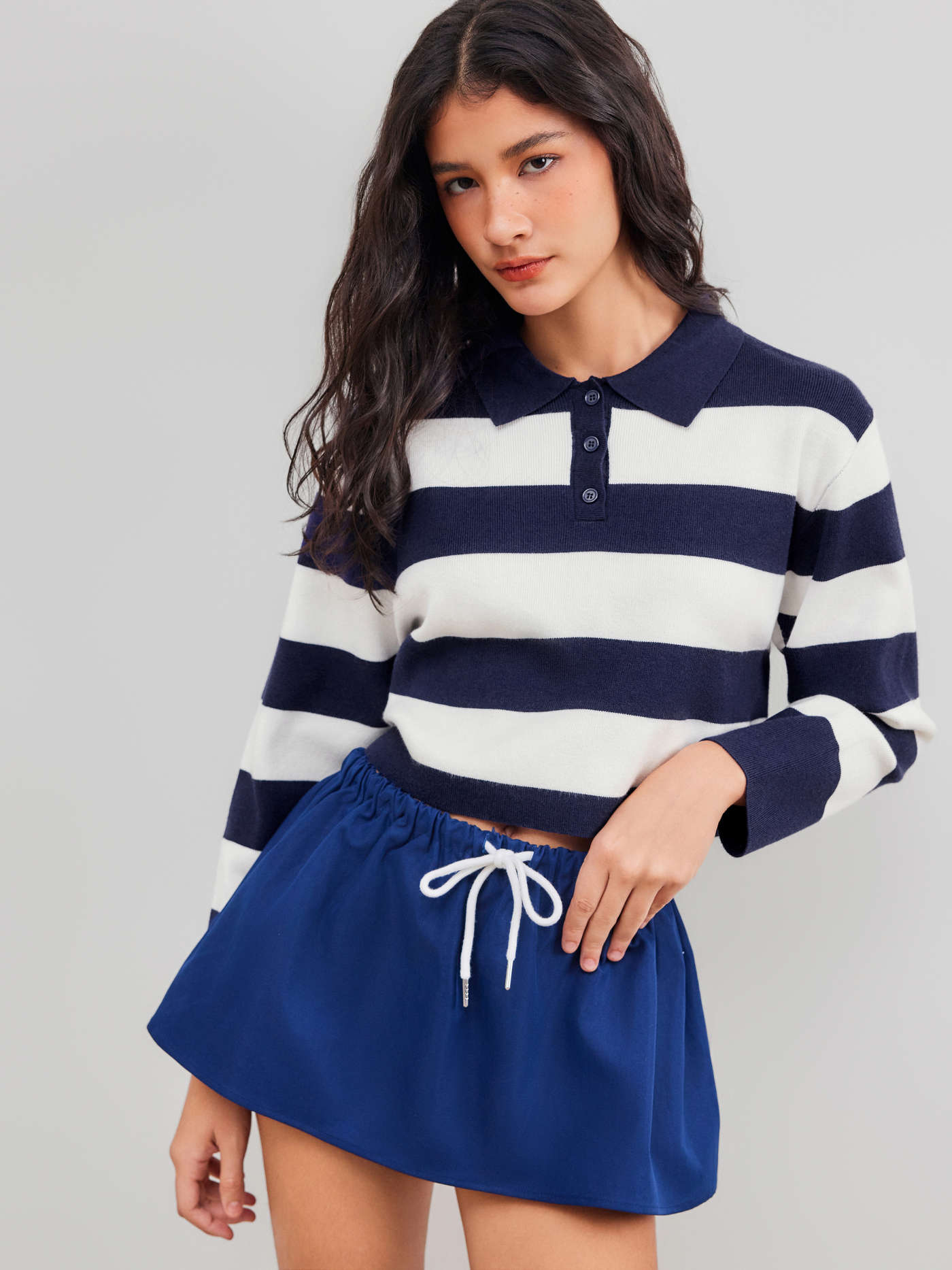 Knit Fabric Knit Polo Striped Crop Long Sleeve Top For Daily Casual