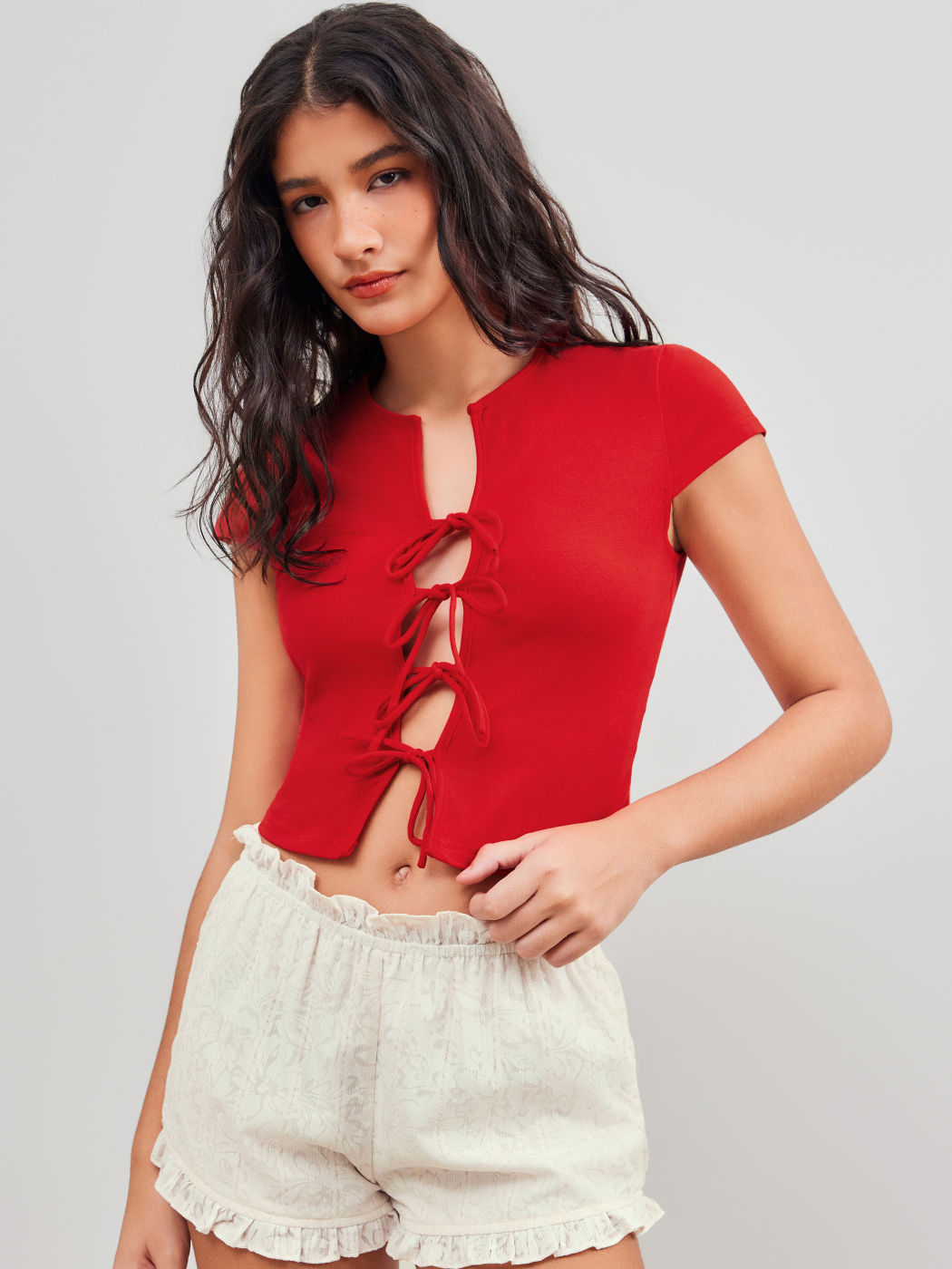 Cotton-blend Round Neckline Solid Knotted Cut Out Short Sleeve Top