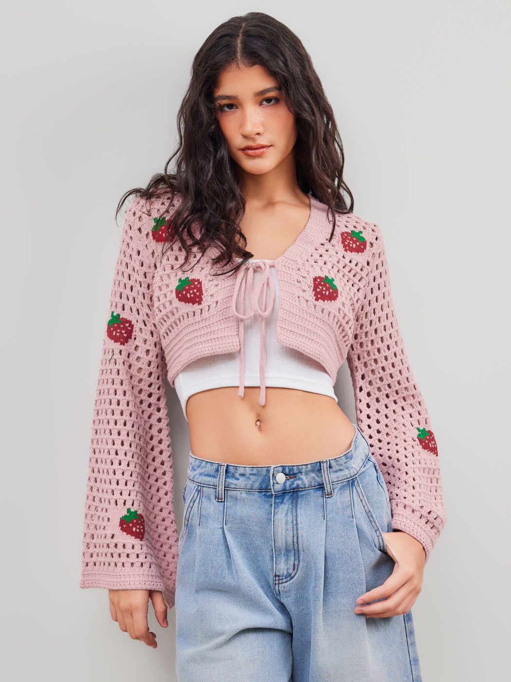 Cárdigan de punto con cuello en V y diseño de fresa hueco