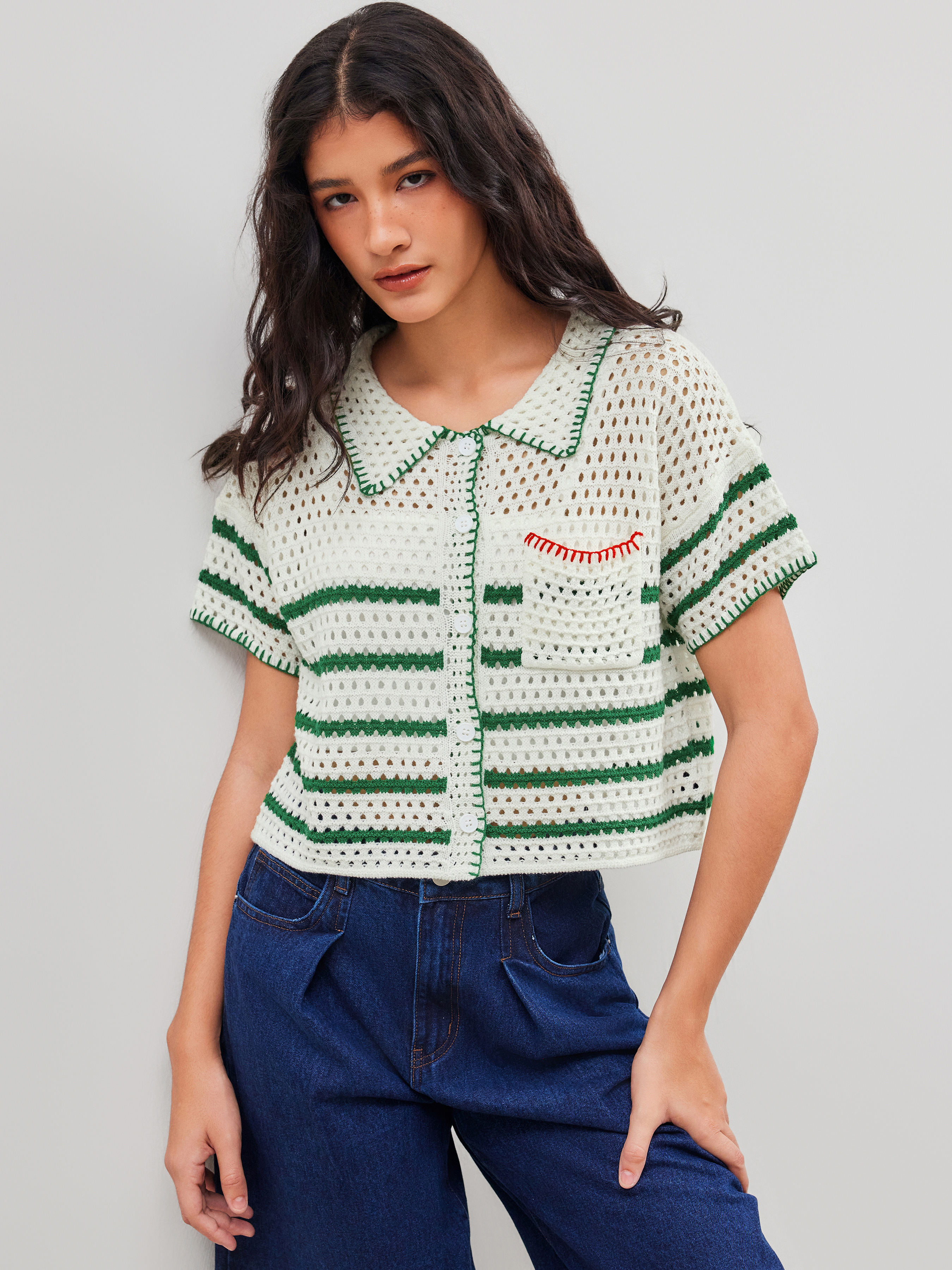 ニット・セーター Fallett Cotton Yarn Collar Knit Short Sleeve MY372 Knit Fabric Knitted Collar Striped Short Sleeve Top For