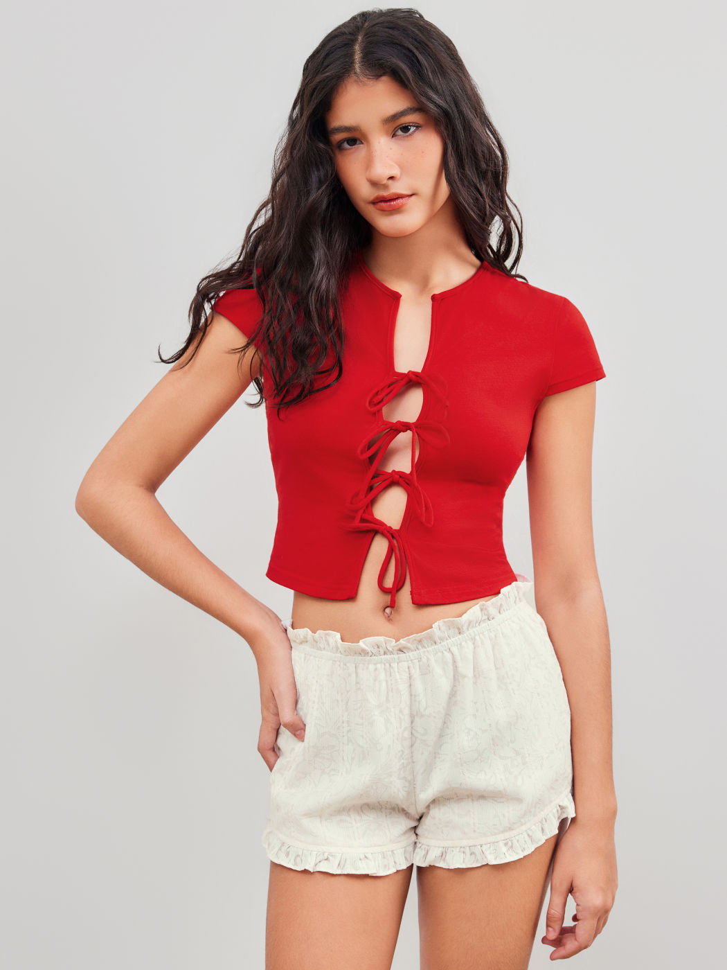 Cotton-blend Round Neckline Solid Knotted Cut Out Short Sleeve Top