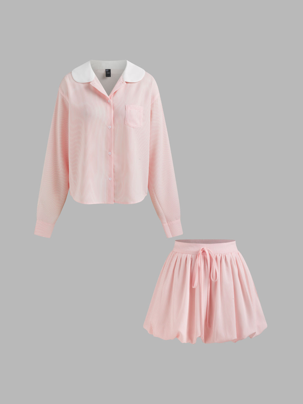 Cotton-blend Collar Striped Long Sleeve Shirt & Striped Knotted Bubble Hem Mini Skirt Set
