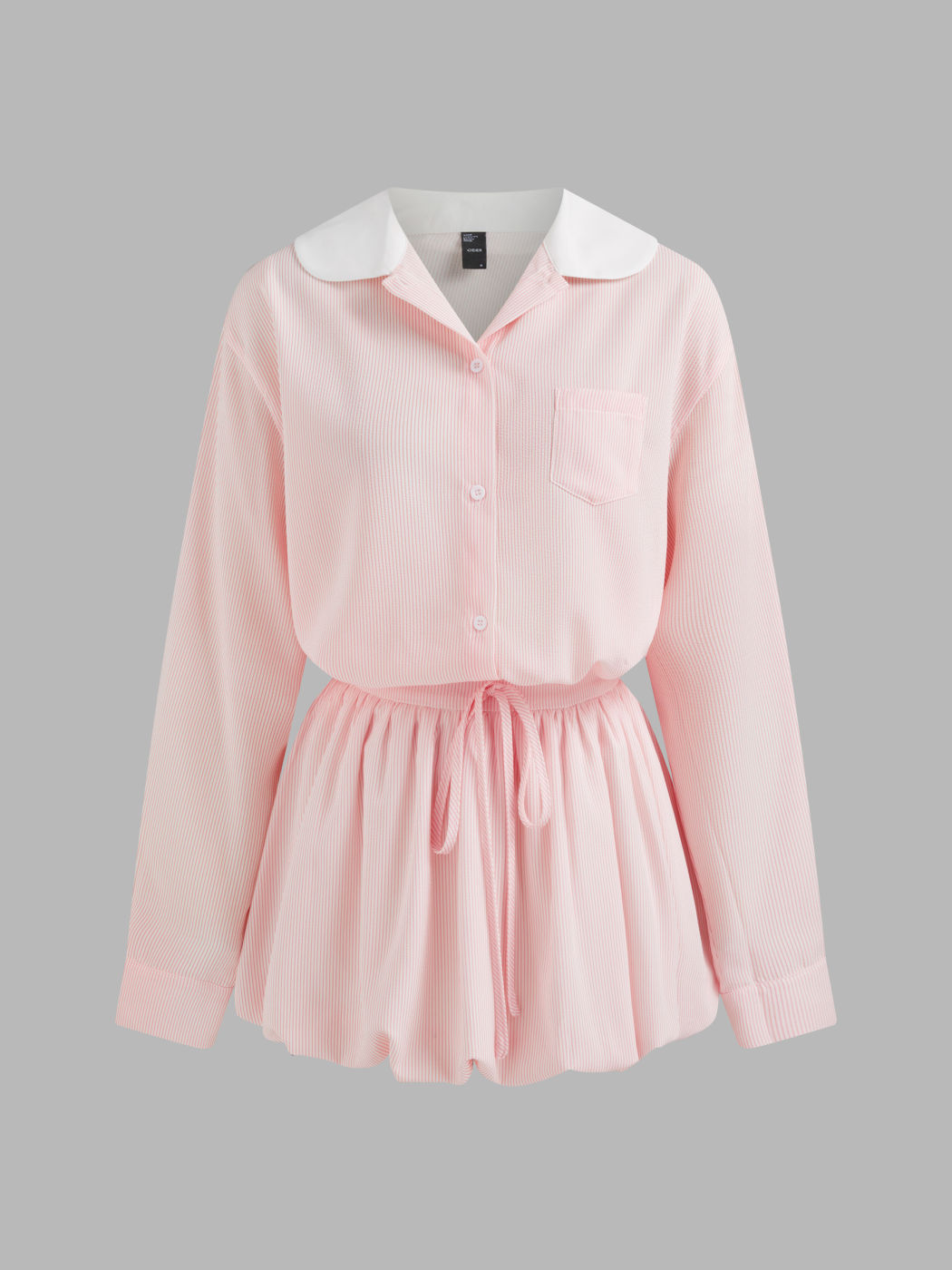 Cotton-blend Collar Striped Long Sleeve Shirt & Striped Knotted Bubble Hem Mini Skirt Set