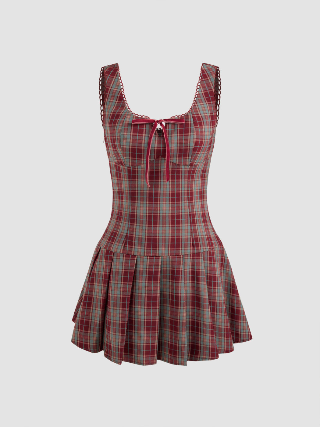 Square Neck Check Bowknot Pleated Mini Dress
