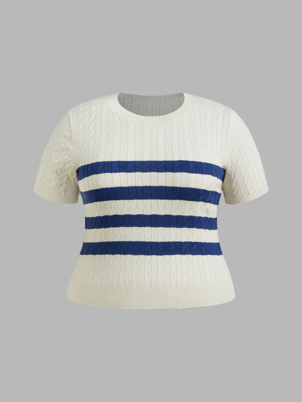 Strick Rundhalsausschnitt Gestreiftes Kurzarm Pullover Kurve & Plus