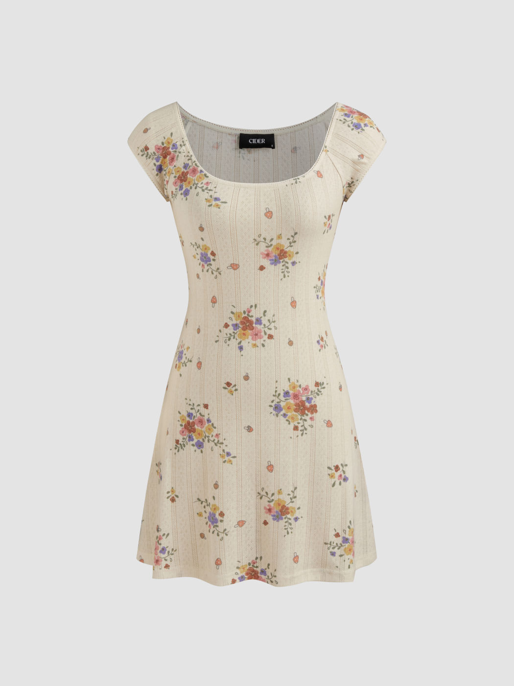 Baumwollmischung Scoop-Ausschnitt Blumiges Kurzes Kleid