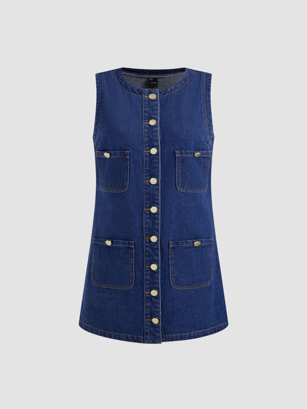 Denim Rundhalsausschnitt Einfarbig Tasche Knopf Mini Kleid